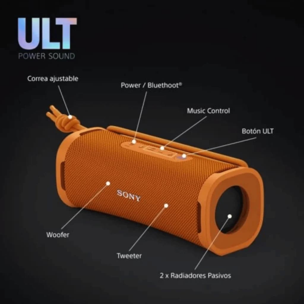 Sony ULT Field 1 Orange – Enceinte Bluetooth compacte, maille orange, woofers et tweeter frontaux, deux radiateurs passifs, sangle réglable, boutons ULT et