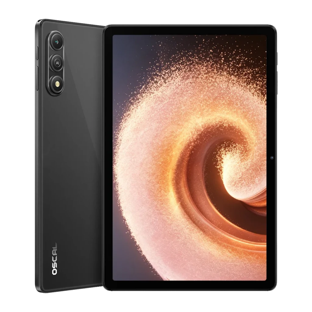 Oscal Flow 2 WiFi 6GB/128GB Cinzento 8300mAh IP54, vista frontal e traseira: ecrã com papel de parede espiral e módulo