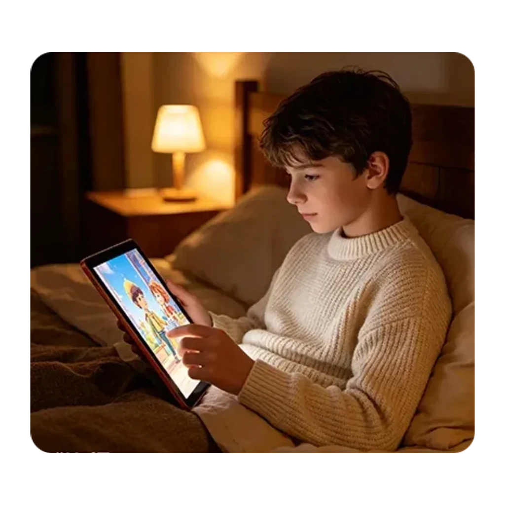 Oscal Flow 2 WiFi 6GB/128GB Cinzento 8300mAh IP54, uso: criança a ver desenhos animados no tablet em quarto com luz suave