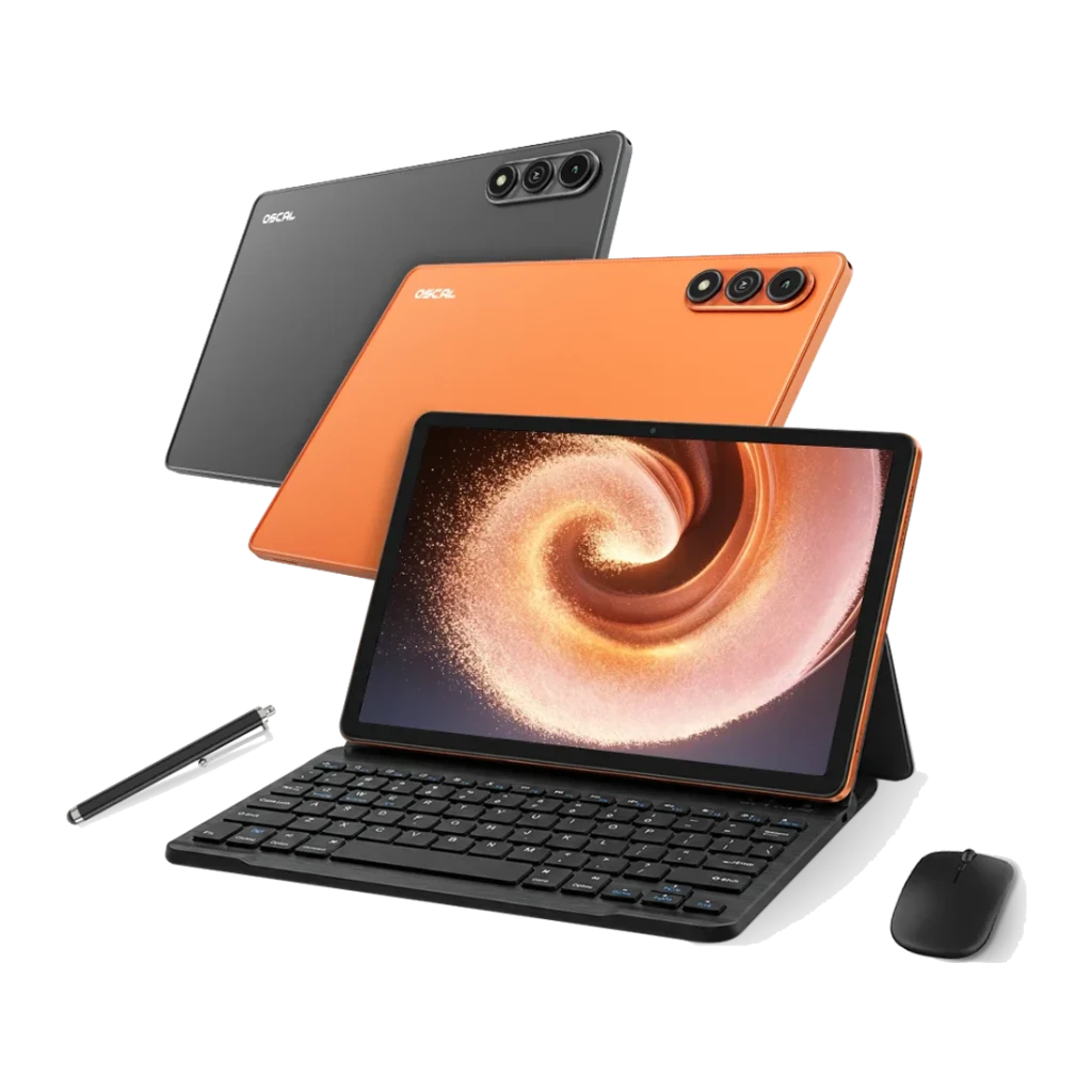 Oscal Flow 2 WiFi 6GB/128GB Cinzento 8300mAh IP54, conjunto: tablet laranja com teclado e rato, unidade cinzenta traseira