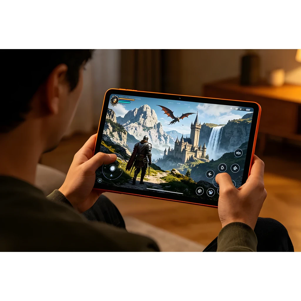 Oscal Flow 2 WiFi 6GB/128GB Cinzento 8300mAh IP54, uso gaming: pessoa segura tablet com videojogo de fantasia no ecrã