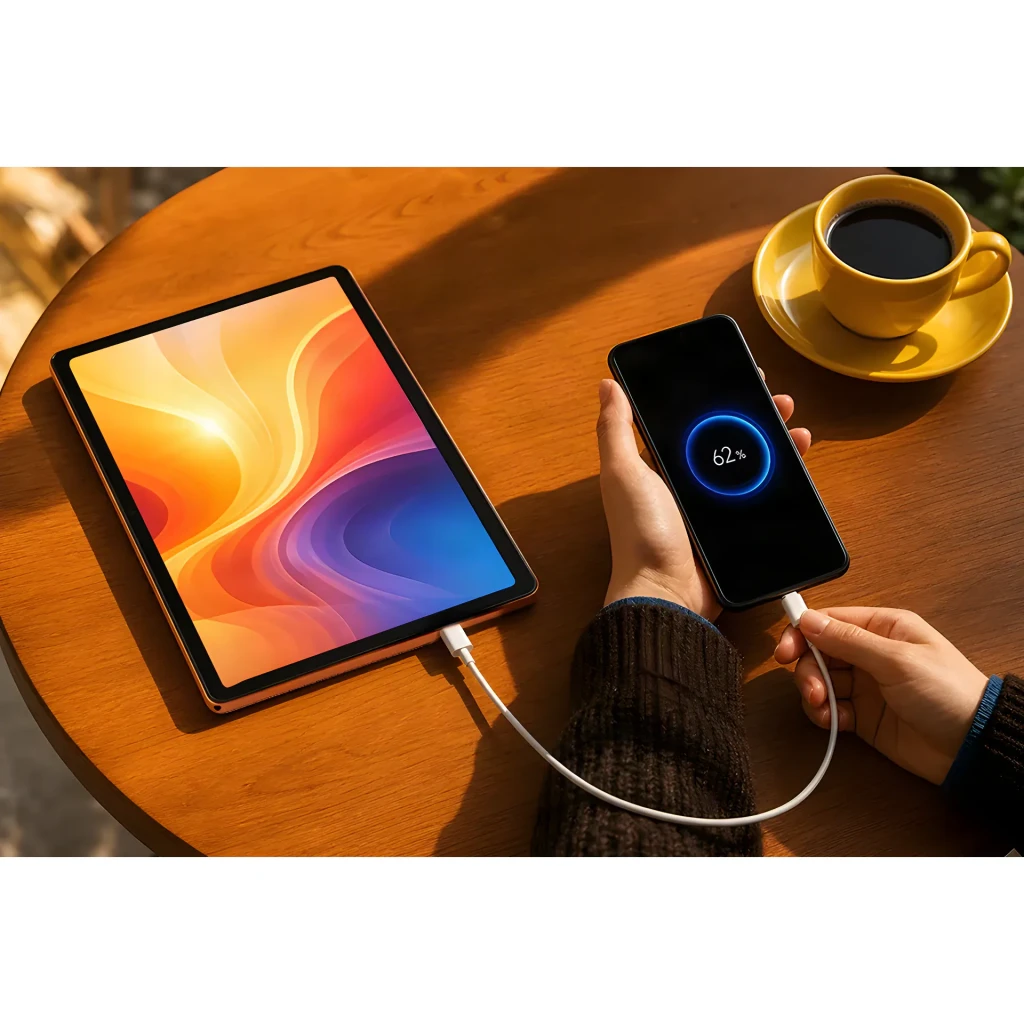 Oscal Flow 2 WiFi 6GB/128GB Cinzento 8300mAh IP54, carga inversa: tablet a carregar smartphone a 62% por cabo USB em mesa