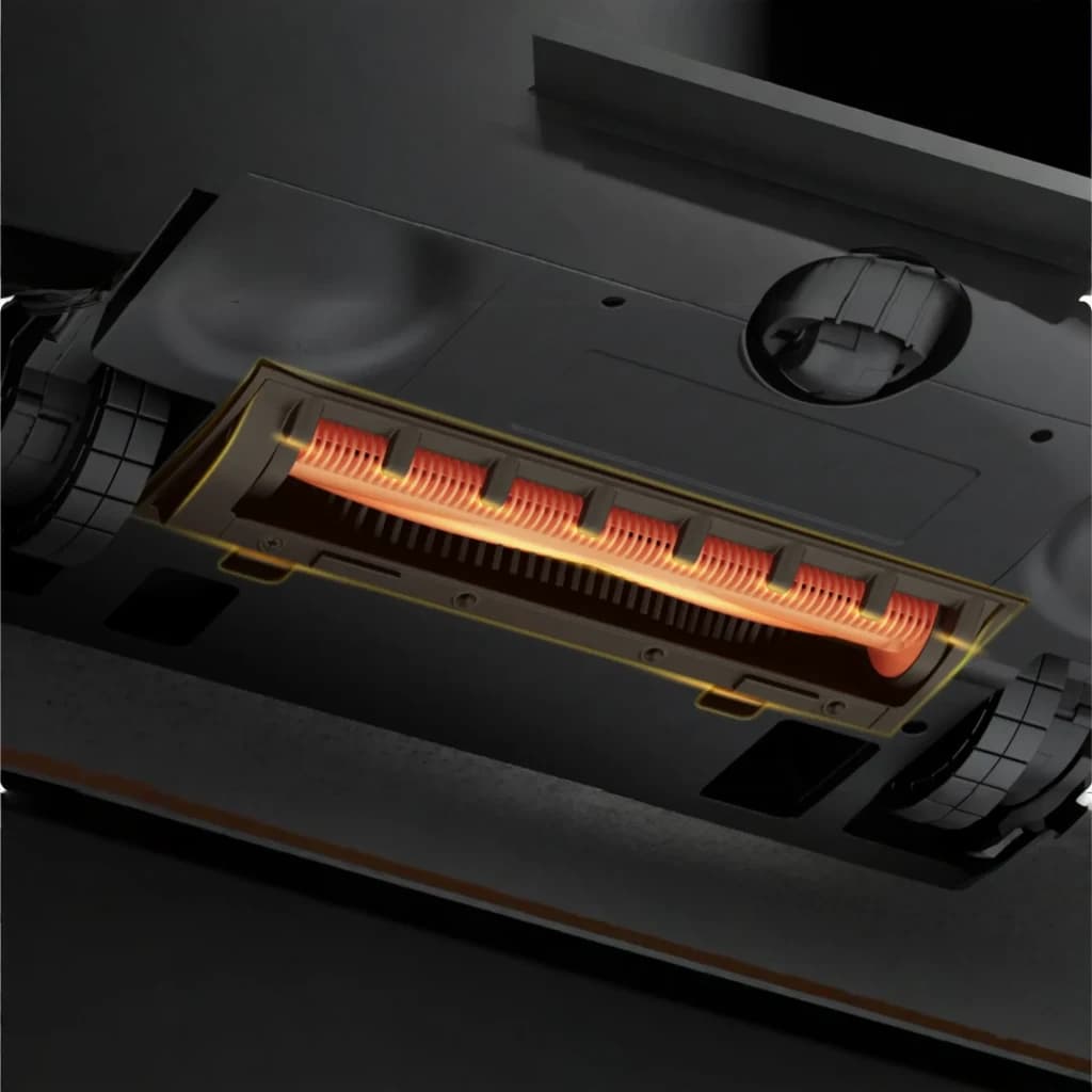 Tampa da Escova Xiaomi Robot Vacuum 6 Brush Cover Preto, vista inferior: escova principal iluminada em laranja com destaque