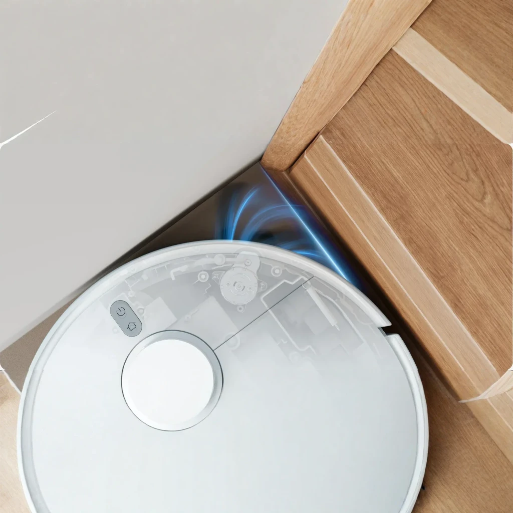 Escova lateral Xiaomi Robot Vacuum Anti-tangle Side Brush S60+/S60, em uso: robô aspirador limpando canto com efeito