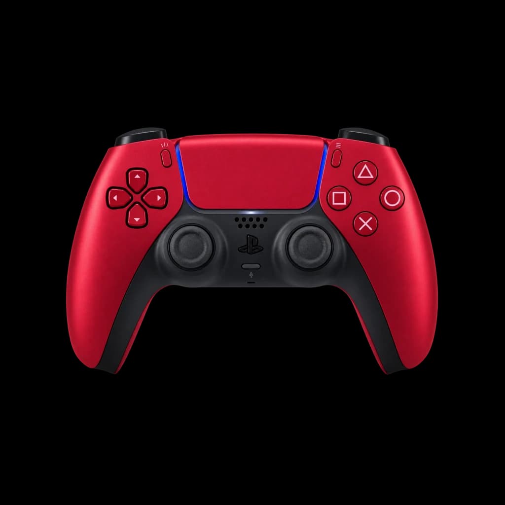 Mando Sony DualSense PS5 rojo, reacondicionado en estado excelente, diseño bicolor rojo y negro, barra LED azul, botones icónicos y joysticks simétricos