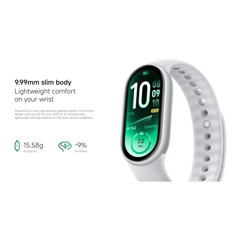 Xiaomi Smart Band 11 NFC Rosa GPS integrado Monitor de Saúde 5ATM, lateral: corpo slim 9,99mm com ecrã verde a mostrar hora