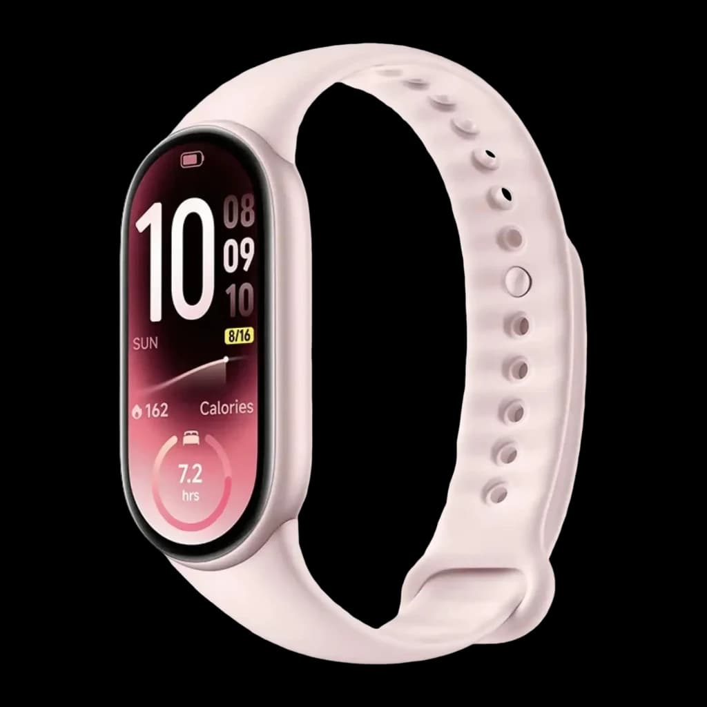 Xiaomi Smart Band 11 NFC Rosa GPS integrado Monitor de Saúde 5ATM, vista frontal em ângulo: ecrã AMOLED com hora, calorias