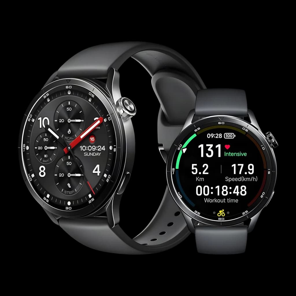 Xiaomi Watch S5 41mm Negro GPS Doble Banda L1+L5 NFC, vista frontal: dos unidades mostrando esfera clásica y pantalla