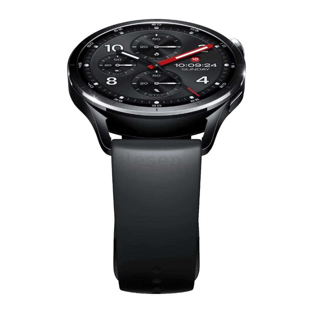 Xiaomi Watch S5 41mm Negro GPS Doble Banda L1+L5 NFC, vista frontal en ángulo: esfera cronógrafo con agujas rojas y correa
