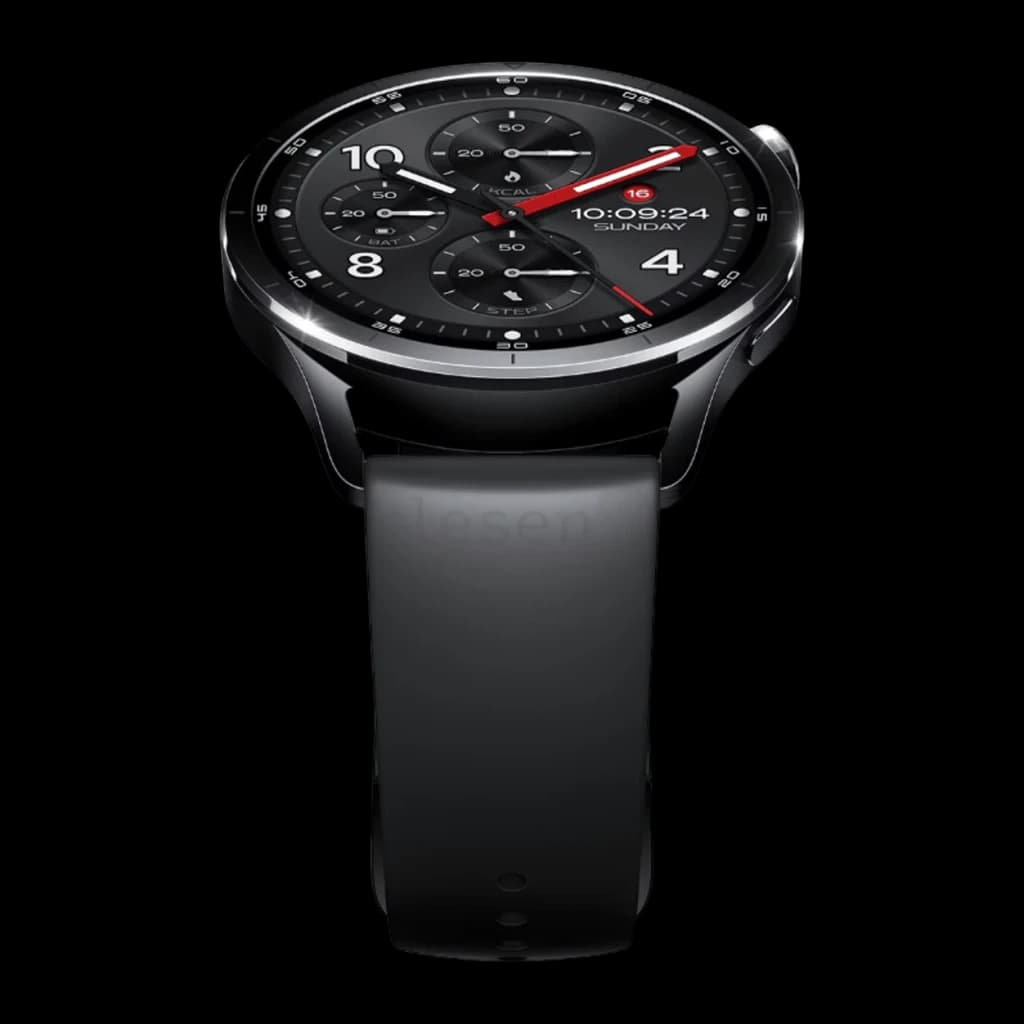 Xiaomi Watch S5 41mm Negro GPS Doble Banda L1+L5 NFC, vista frontal en ángulo: esfera cronógrafo con agujas rojas y correa