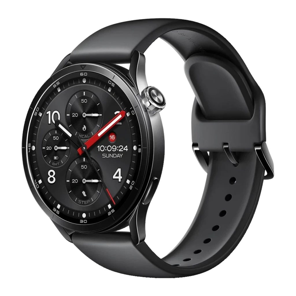 Xiaomi Watch S5 41mm Negro GPS Doble Banda L1+L5 NFC, vista frontal en ángulo: esfera cronógrafo con agujas rojas y corona