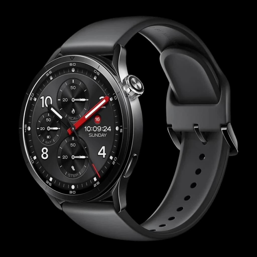 Xiaomi Watch S5 41mm Negro GPS Doble Banda L1+L5 NFC, vista frontal en ángulo: esfera cronógrafo con agujas rojas y corona