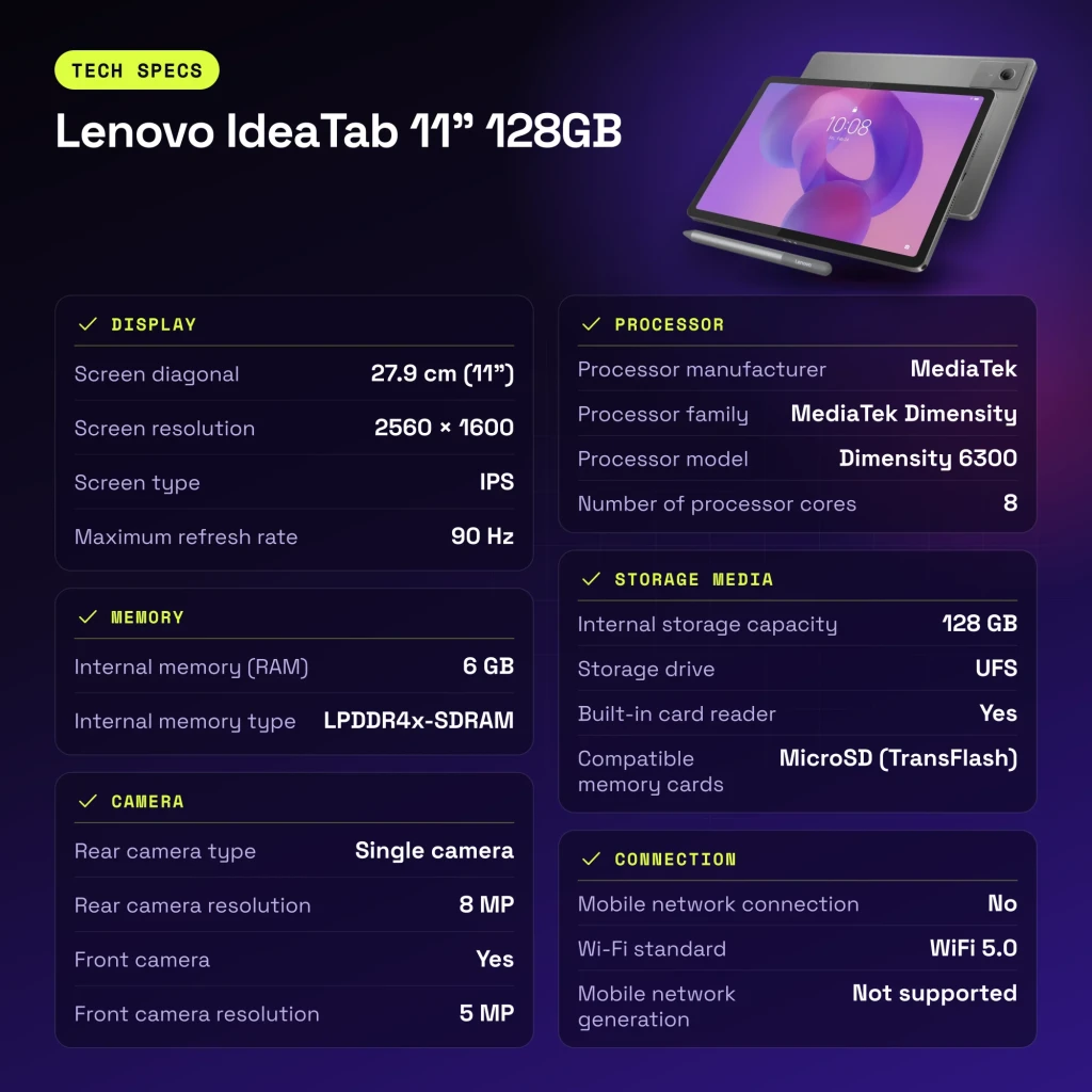 Lenovo IdeaTab 11 pulgadas 128GB WiFi 6GB/128GB Gris Stylus incluido IPS 90Hz Dimensity 6300 - características