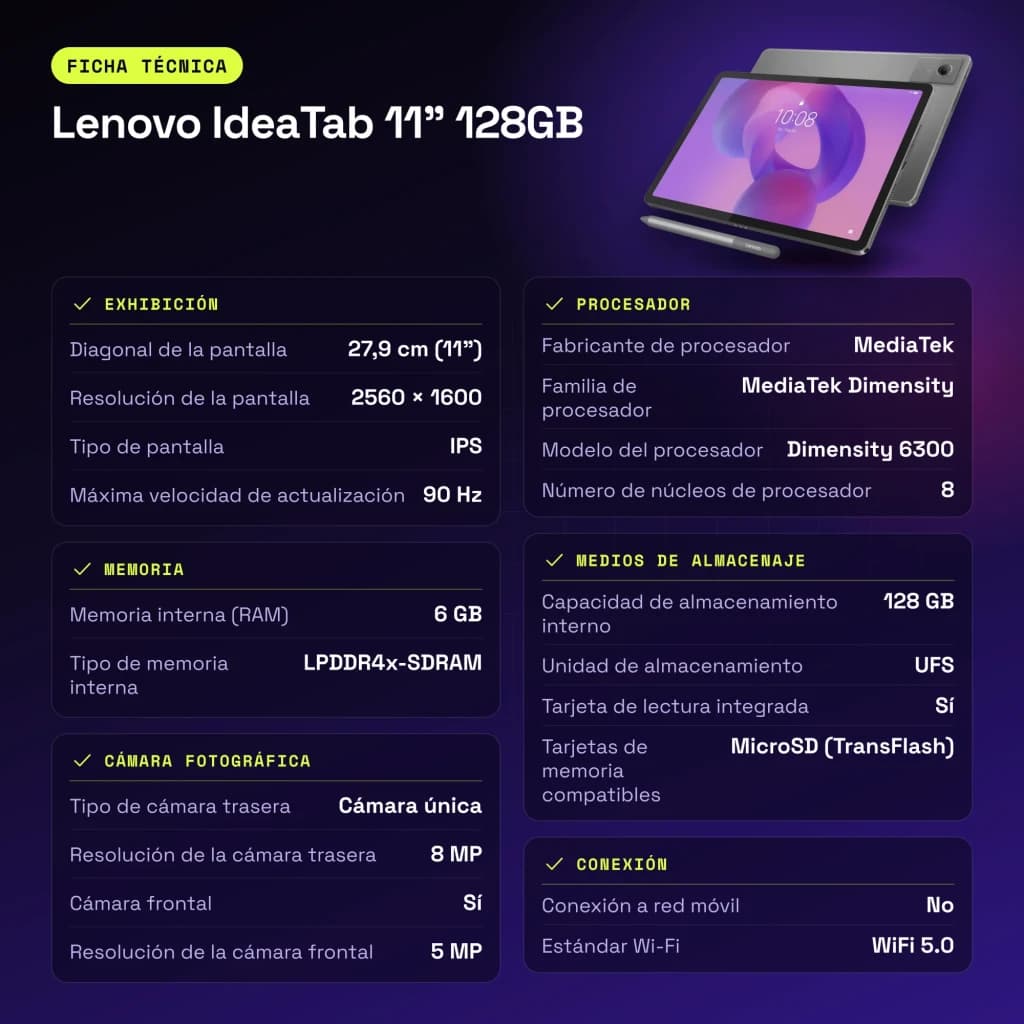 Lenovo IdeaTab 11 pulgadas 128GB WiFi 6GB/128GB Gris Stylus incluido IPS 90Hz Dimensity 6300 - características