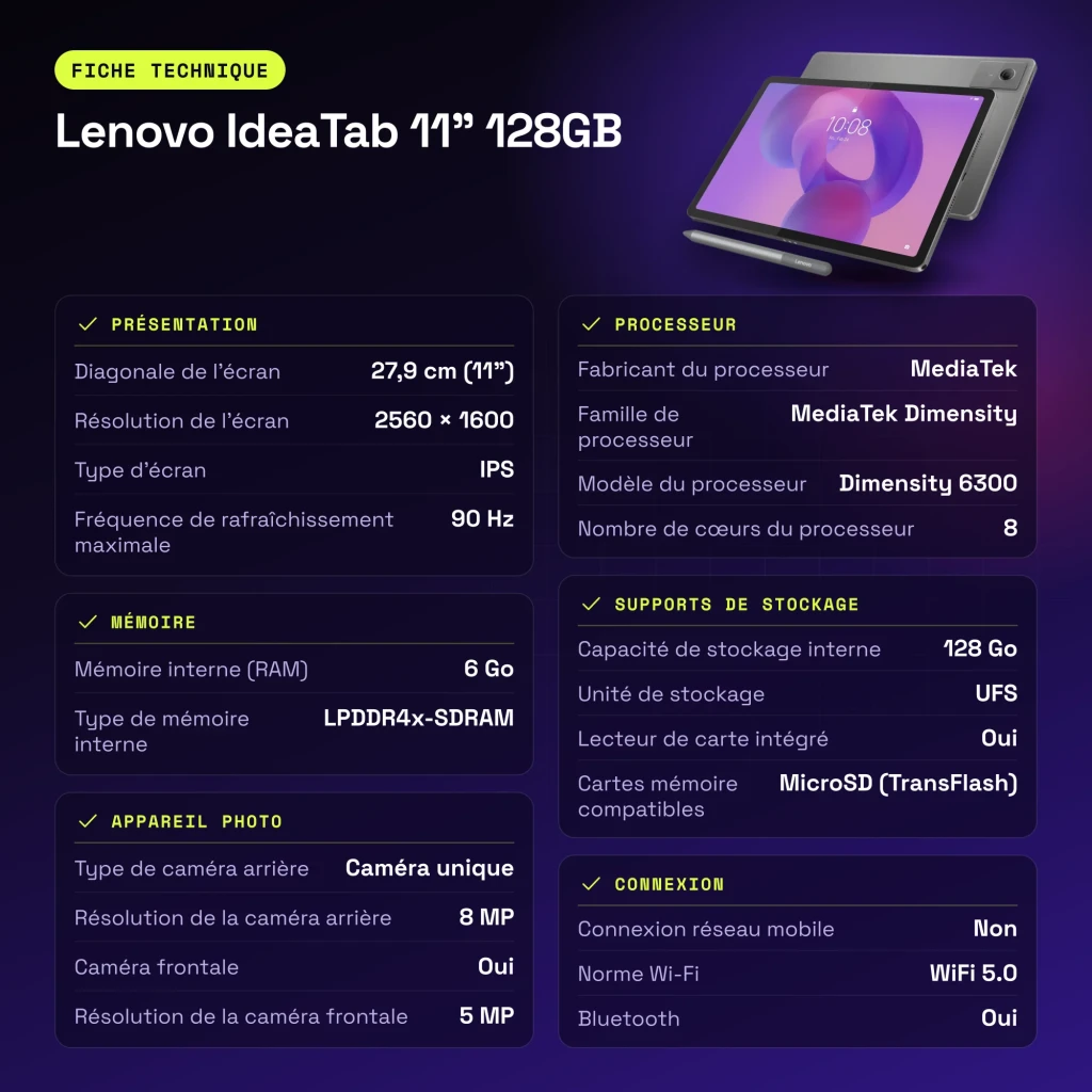 Lenovo IdeaTab 11 pulgadas 128GB WiFi 6GB/128GB Gris Stylus incluido IPS 90Hz Dimensity 6300 - características