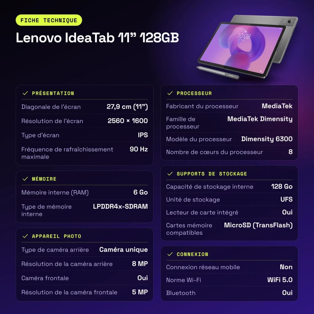 Lenovo IdeaTab 11 pulgadas 128GB WiFi 6GB/128GB Gris Stylus incluido IPS 90Hz Dimensity 6300 - características