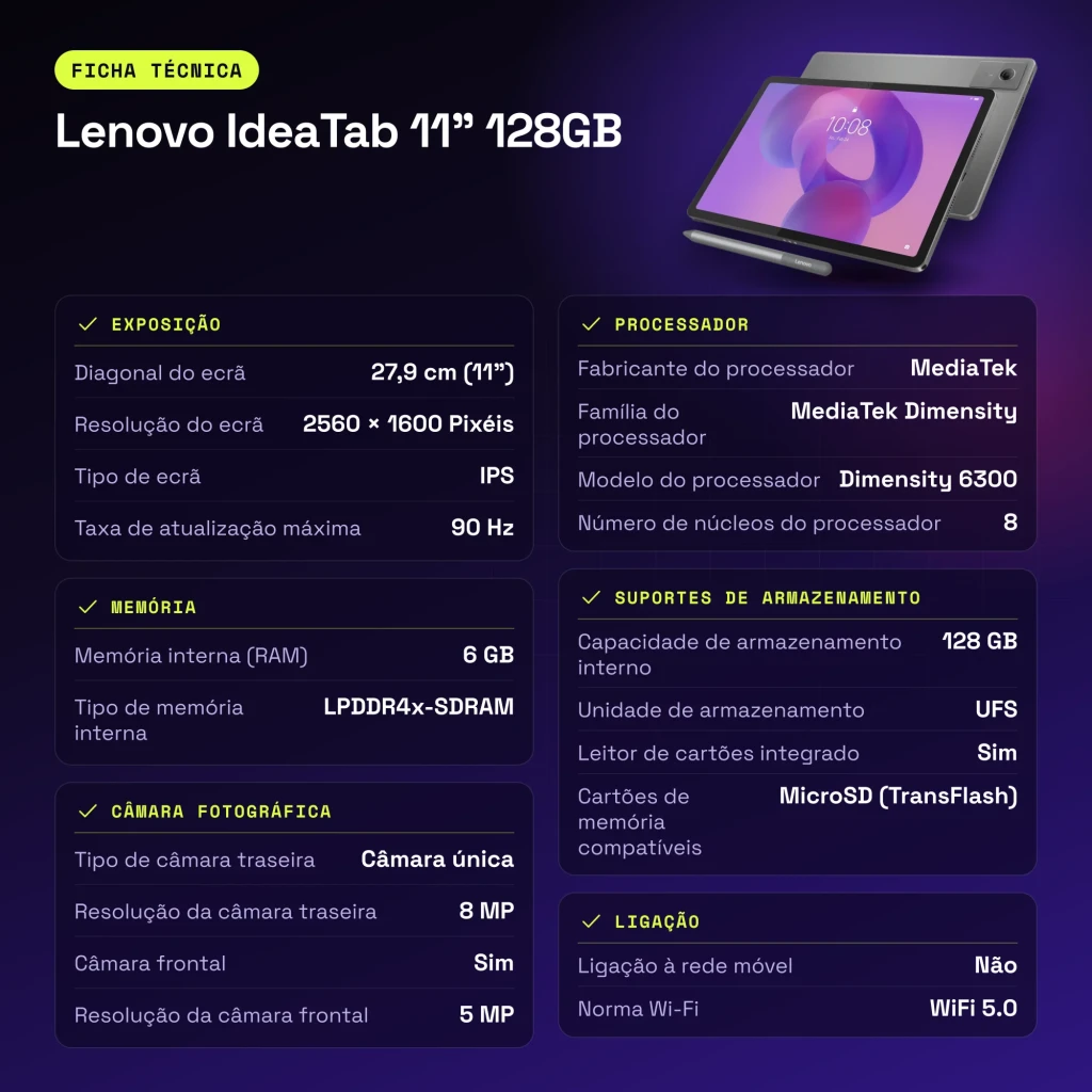 Lenovo IdeaTab 11 pulgadas 128GB WiFi 6GB/128GB Gris Stylus incluido IPS 90Hz Dimensity 6300 - características