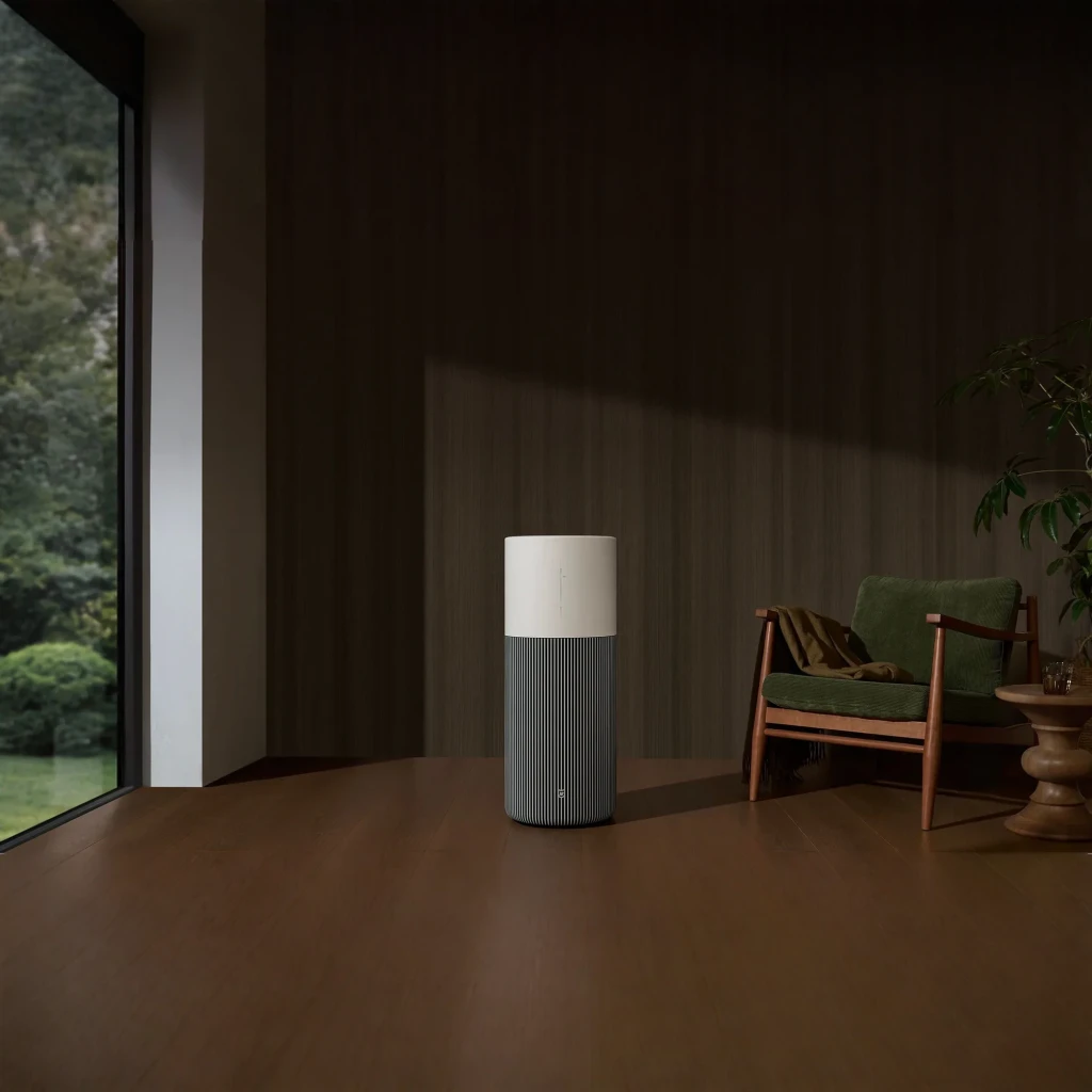 Purificador de Ar Xiaomi Mijia Smart Air Purifier with Humidification Pro 8L Branco, em uso: vista frontal em sala escura