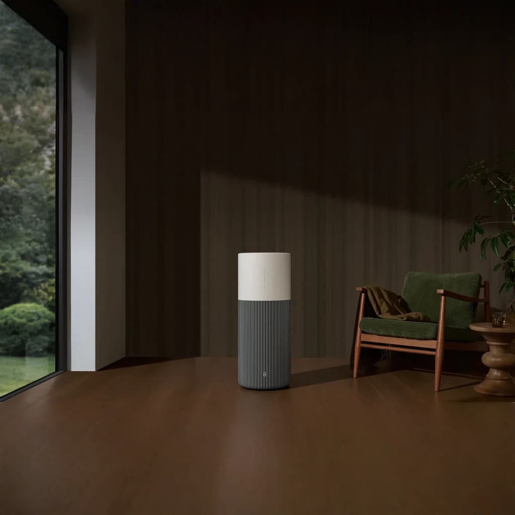 Purificador de Ar Xiaomi Mijia Smart Air Purifier with Humidification Pro 8L Branco, em uso: vista frontal em sala escura