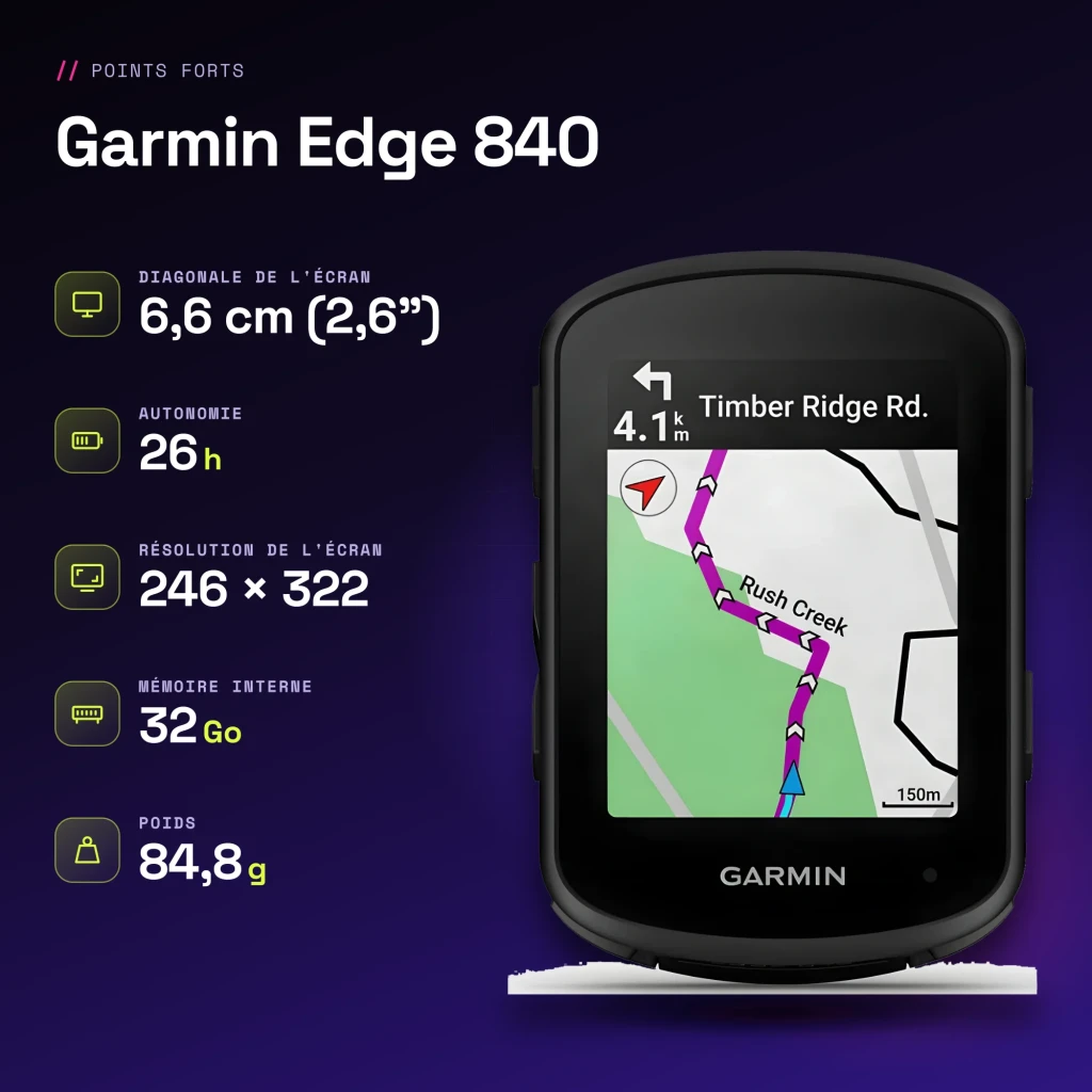 Cyclocomputer Garmin Edge 840 Noir GPS 26h ANT+ Bluetooth WiFi - caractéristiques
