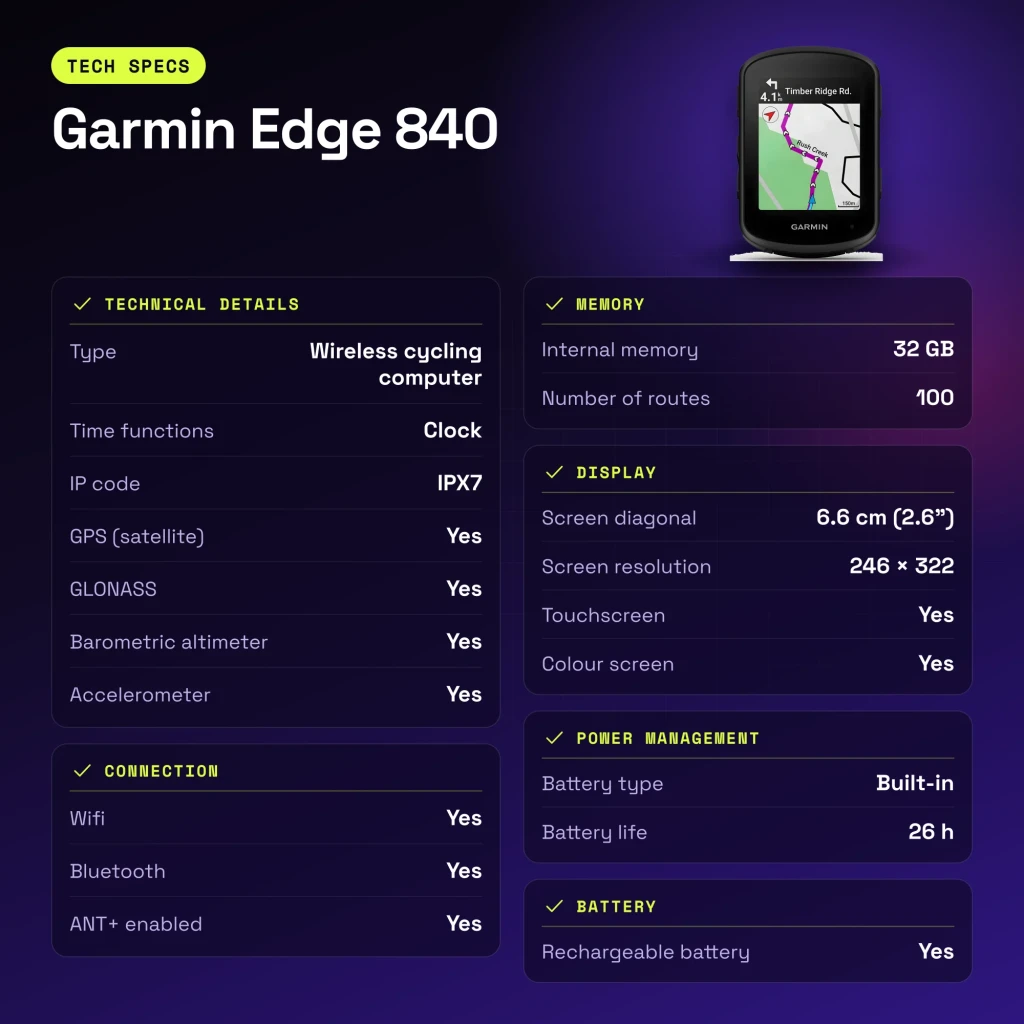 Cyclocomputer Garmin Edge 840 Noir GPS 26h ANT+ Bluetooth WiFi - caractéristiques
