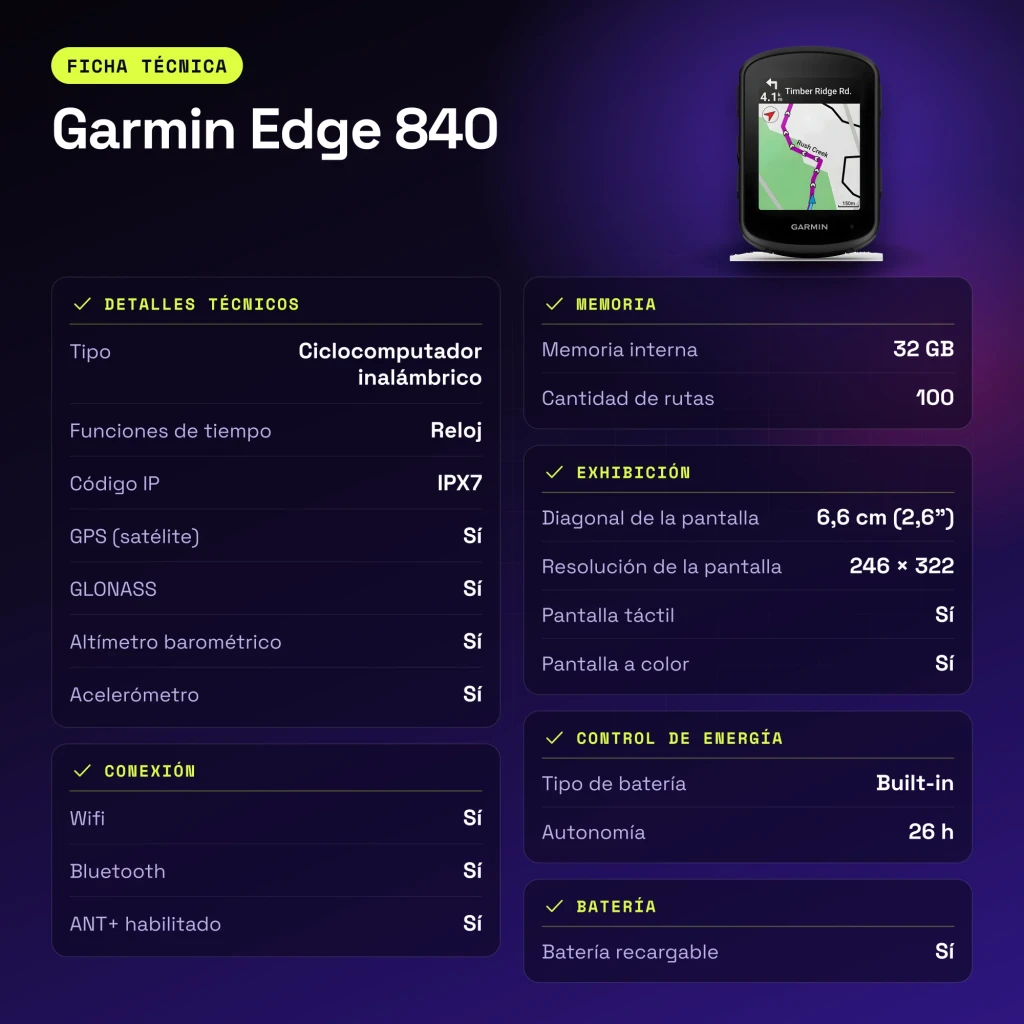 Cyclocomputer Garmin Edge 840 Noir GPS 26h ANT+ Bluetooth WiFi - caractéristiques