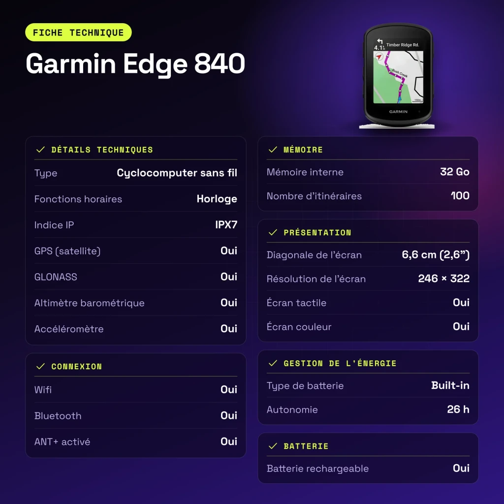 Cyclocomputer Garmin Edge 840 Noir GPS 26h ANT+ Bluetooth WiFi - caractéristiques