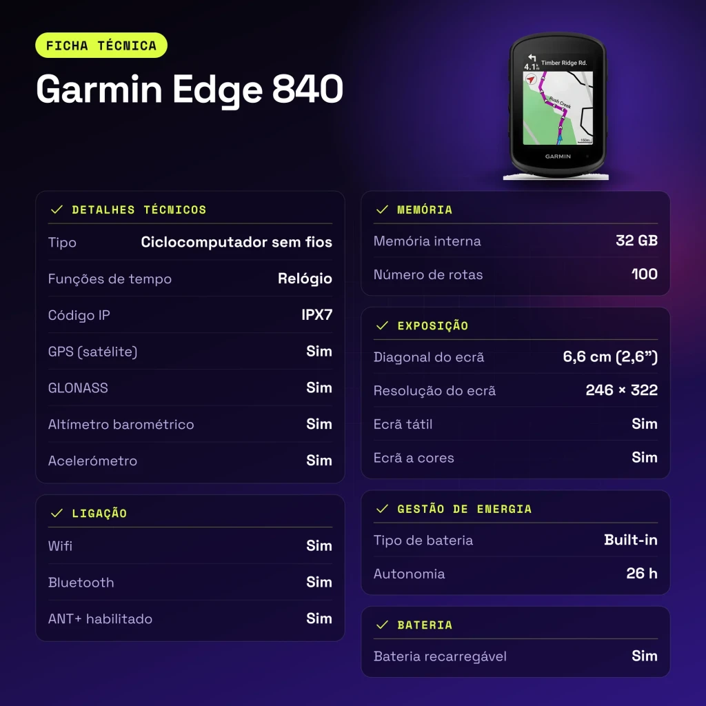 Cyclocomputer Garmin Edge 840 Noir GPS 26h ANT+ Bluetooth WiFi - caractéristiques