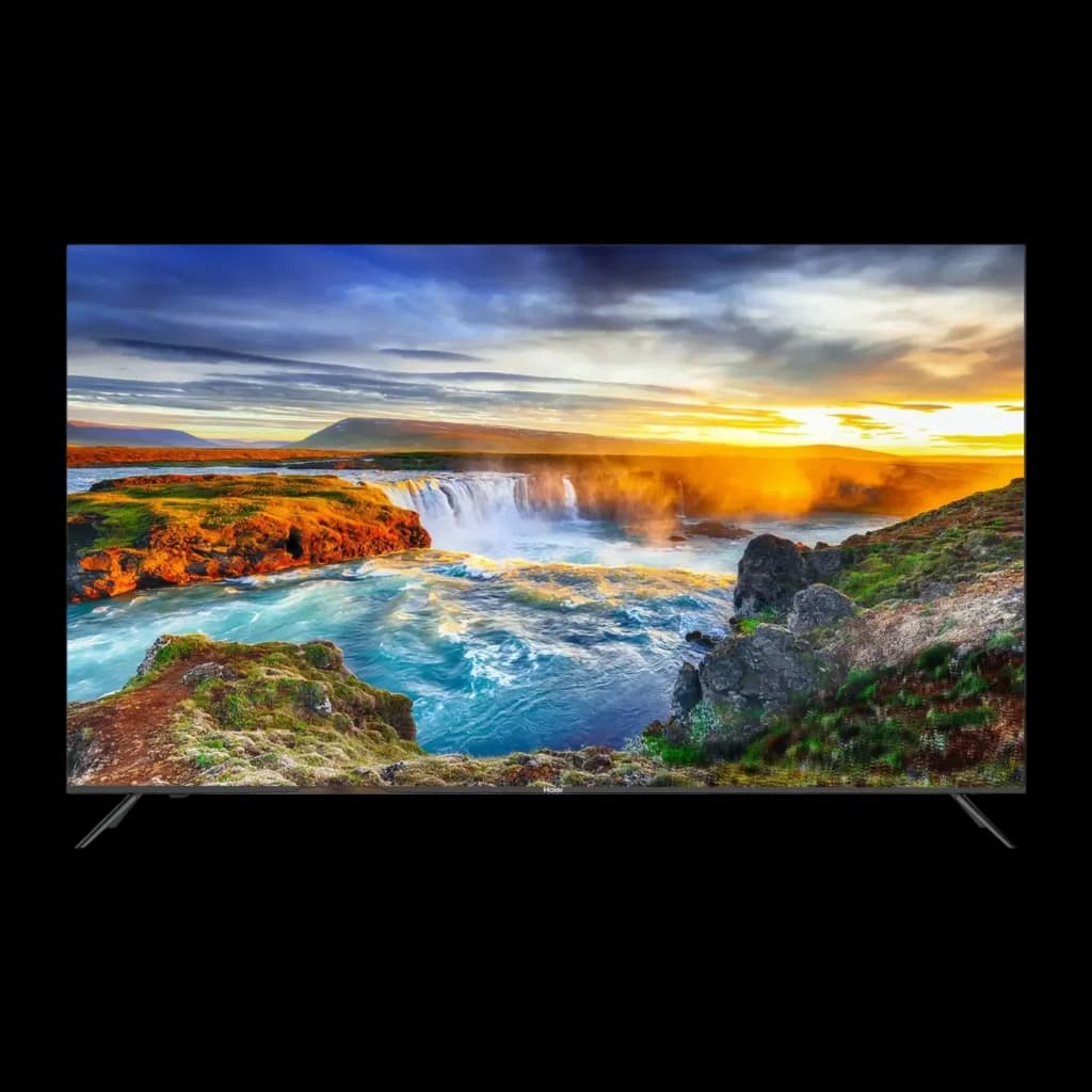 TV Haier 32 pouces LED Full HD Noir H32K702FG, vue de face: écran allumé avec paysage de cascade et deux pieds