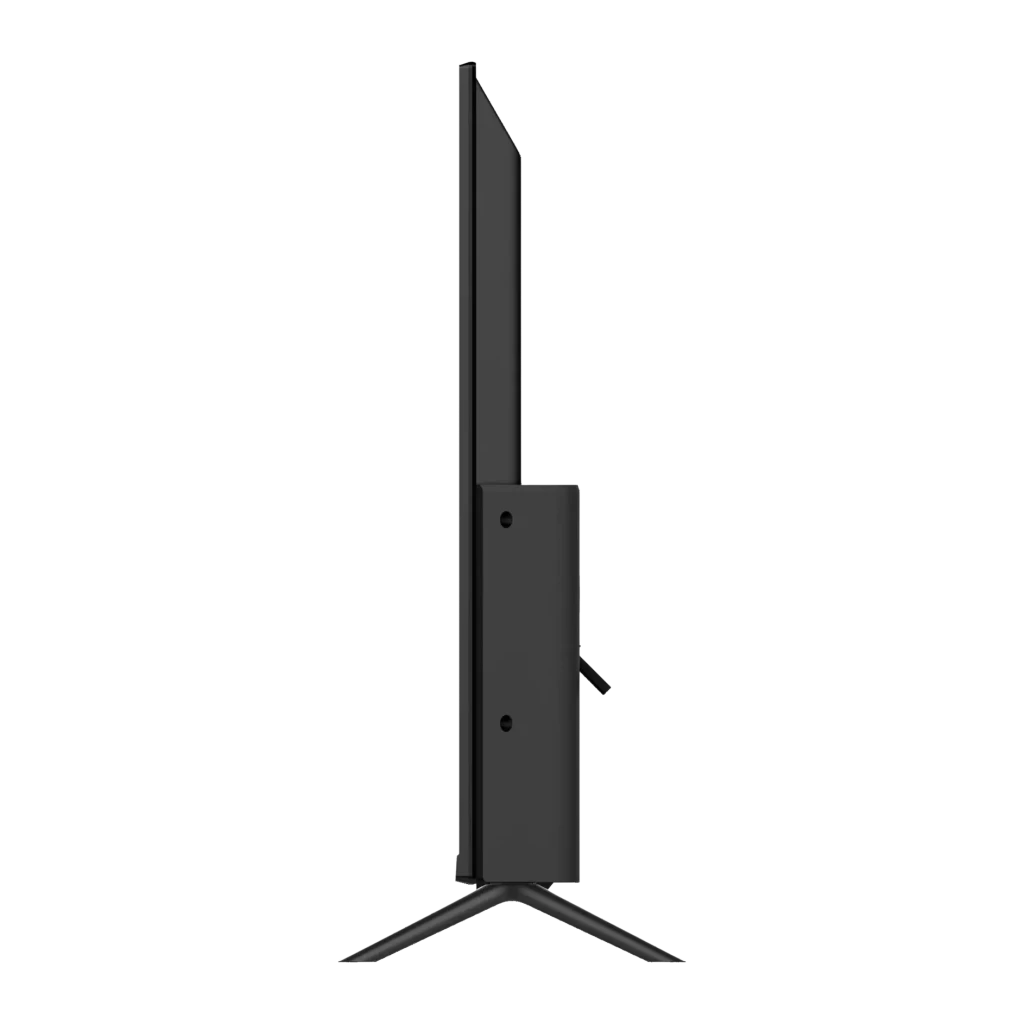 TV Haier 32 pouces LED Full HD Noir H32K702FG, vue latérale: profil fin, pied central et ports arrière visibles