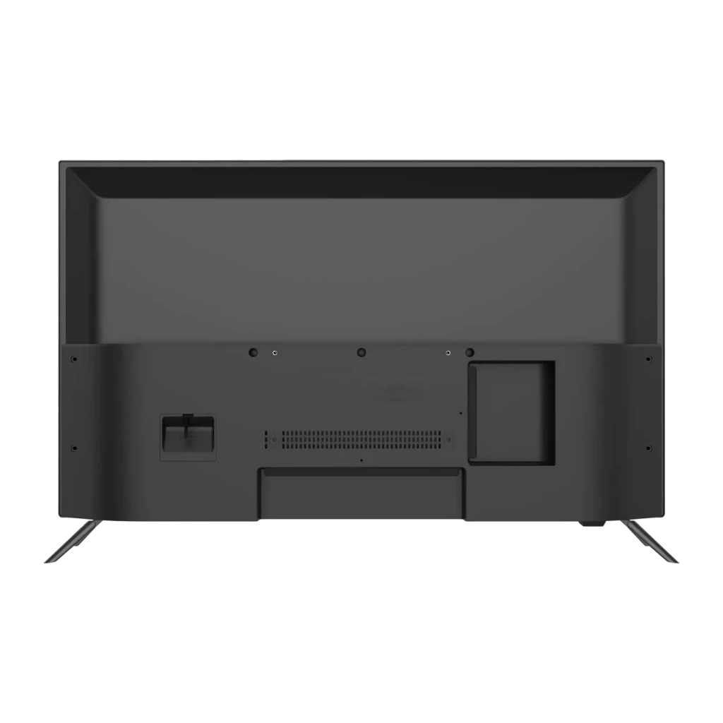 TV Haier 32 pouces LED Full HD Noir H32K702FG, vue arrière: panneau arrière avec grilles de ventilation et pieds
