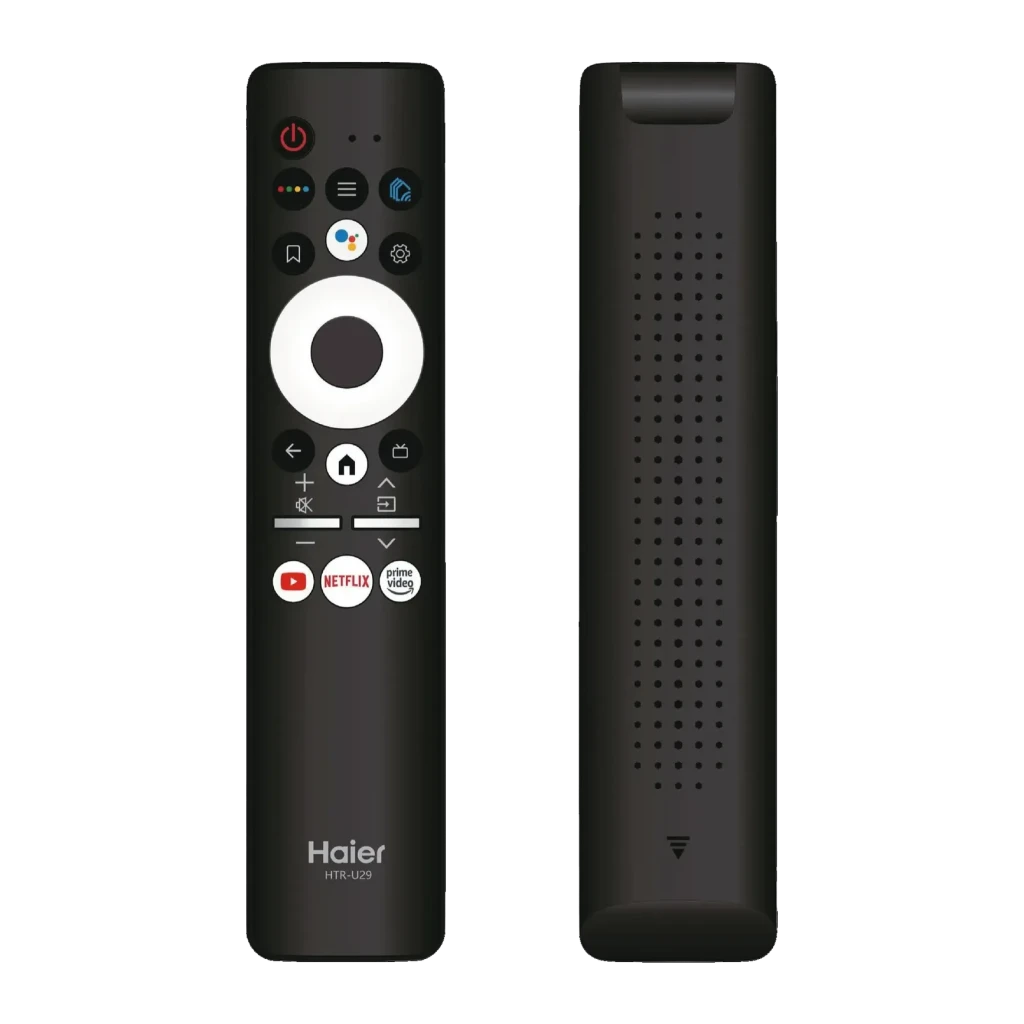 TV Haier 32 pouces LED Full HD Noir H32K702FG, télécommande: face avant et arrière de la HTR-U29 avec boutons YouTube