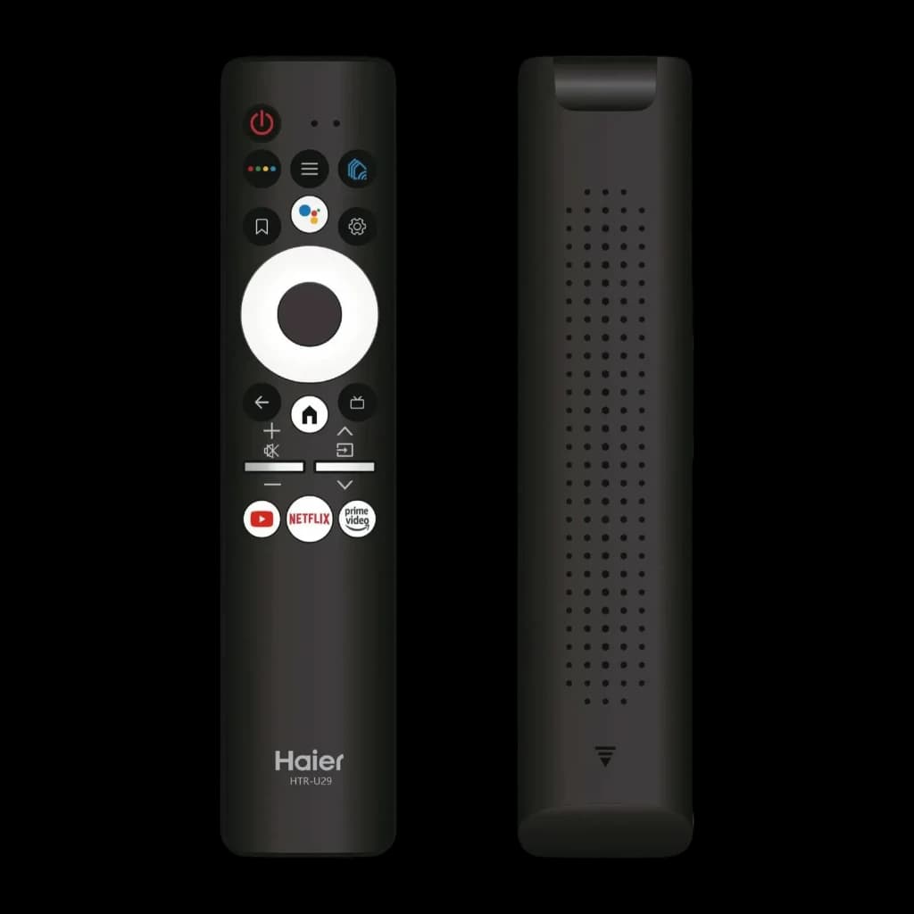TV Haier 32 pouces LED Full HD Noir H32K702FG, télécommande: face avant et arrière de la HTR-U29 avec boutons YouTube