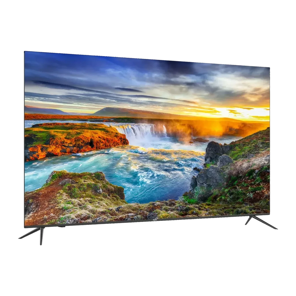 TV Haier 32 pouces LED Full HD Noir H32K702FG, vue latérale: écran allumé avec paysage de cascade et bordure ultra-fine