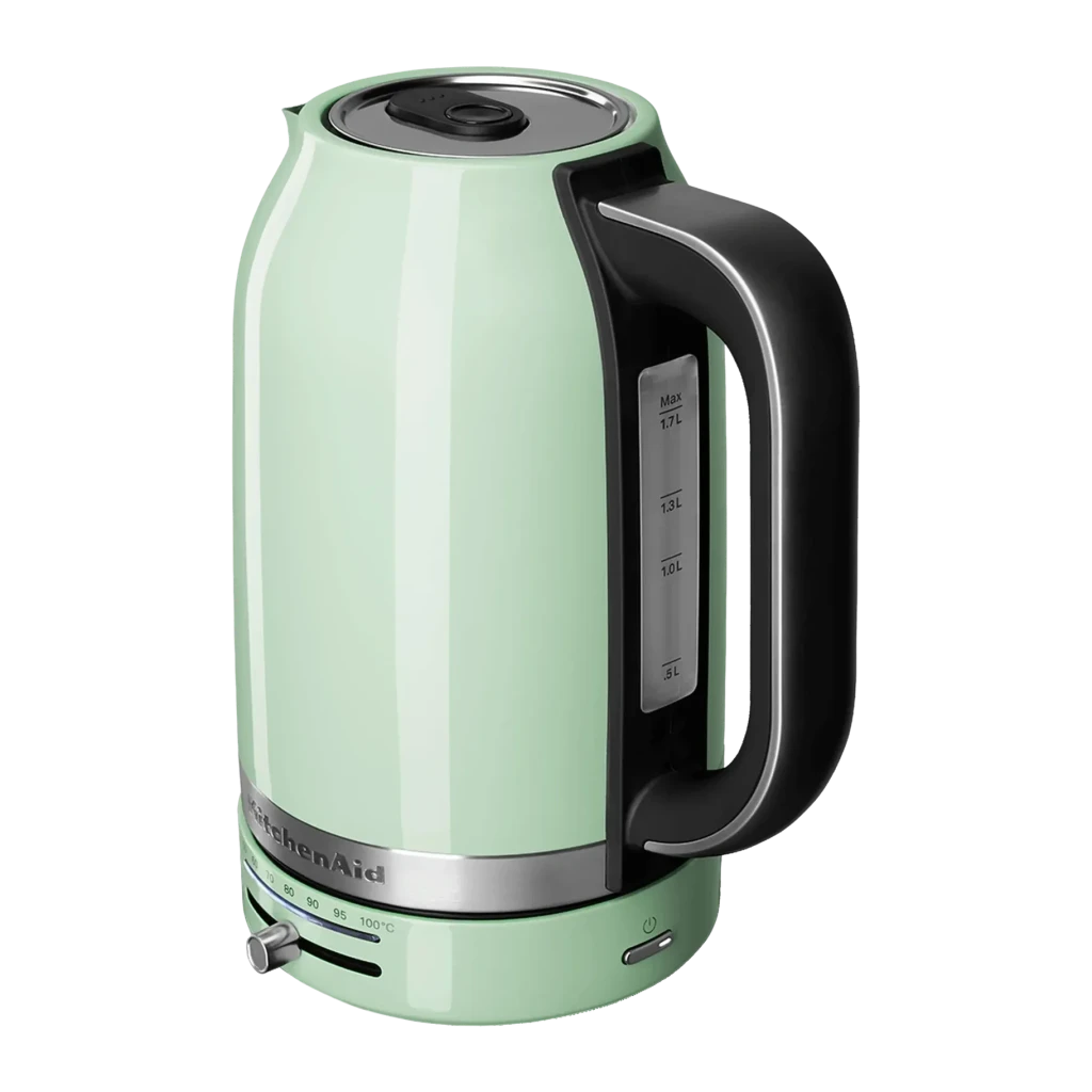Chaleira elétrica KitchenAid 1,7L 2400W 7 temperaturas Verde 5KEK1701EPT, detalhe: visor de nível, seletor de temperatura