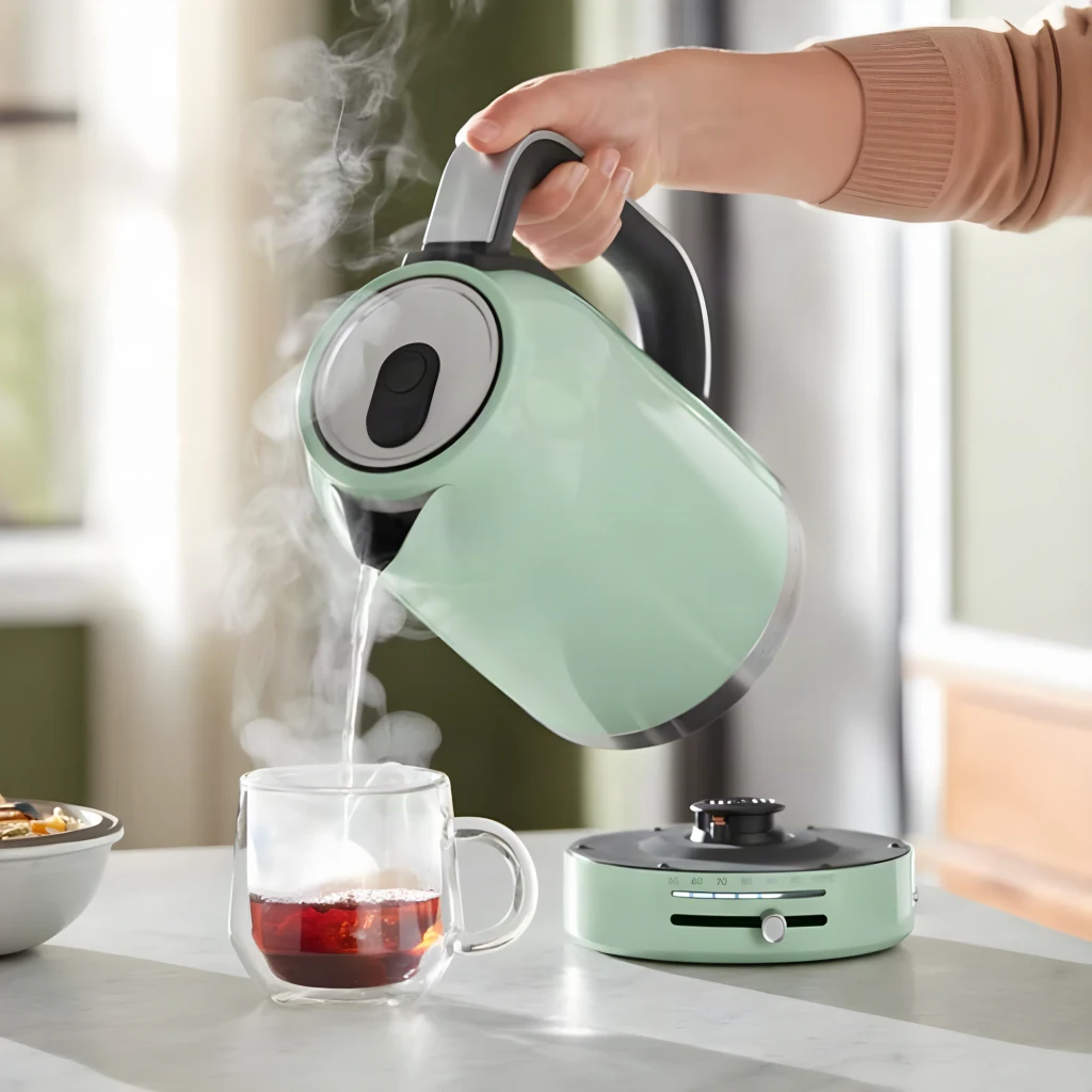 Chaleira elétrica KitchenAid 1,7L 2400W 7 temperaturas Verde 5KEK1701EPT, em uso: mão a servir água quente em chávena