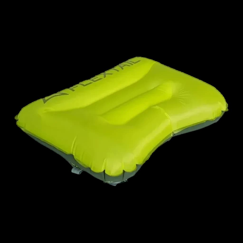 Almofada insuflávelFlextail Tiny Pillow Verde Nylon 20D OEKO-TEX 9,5×6 cm dobrada, detalhe: vista em ângulo insuflada