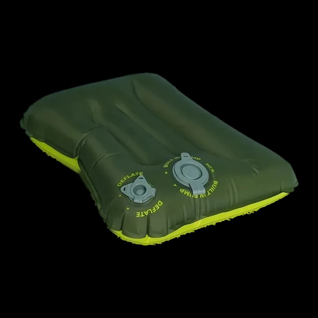 Almofada insuflávelFlextail Tiny Pillow Verde Nylon 20D OEKO-TEX 9,5×6 cm dobrada, vista traseira: válvula de desinsuflar
