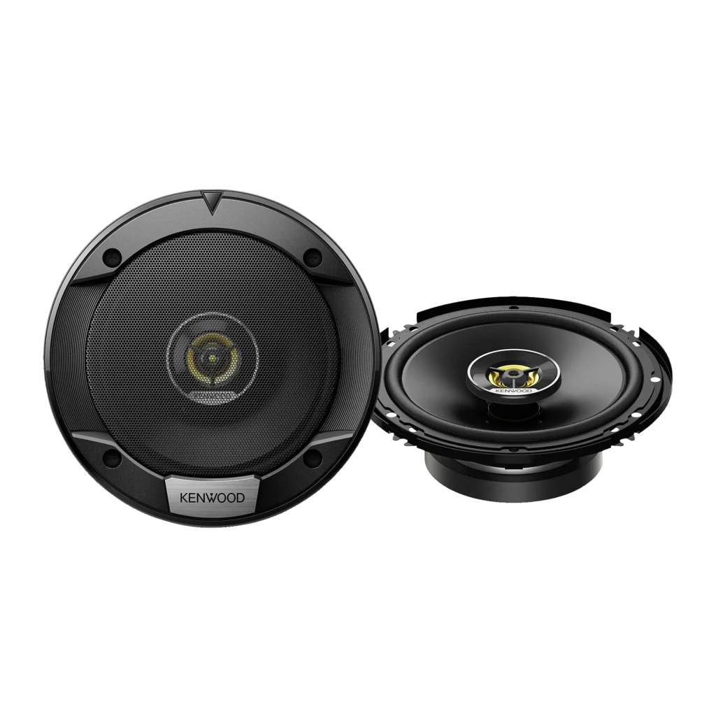 Haut-parleurs auto Kenwood 3 voies 60W RMS Noir KFC-S1676EX, vue de face: paire de haut-parleurs ronds noirs avec tweeter