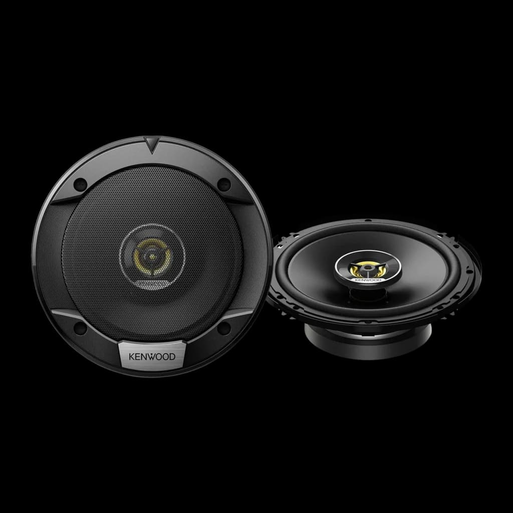 Haut-parleurs auto Kenwood 3 voies 60W RMS Noir KFC-S1676EX, vue de face: paire de haut-parleurs ronds noirs avec tweeter