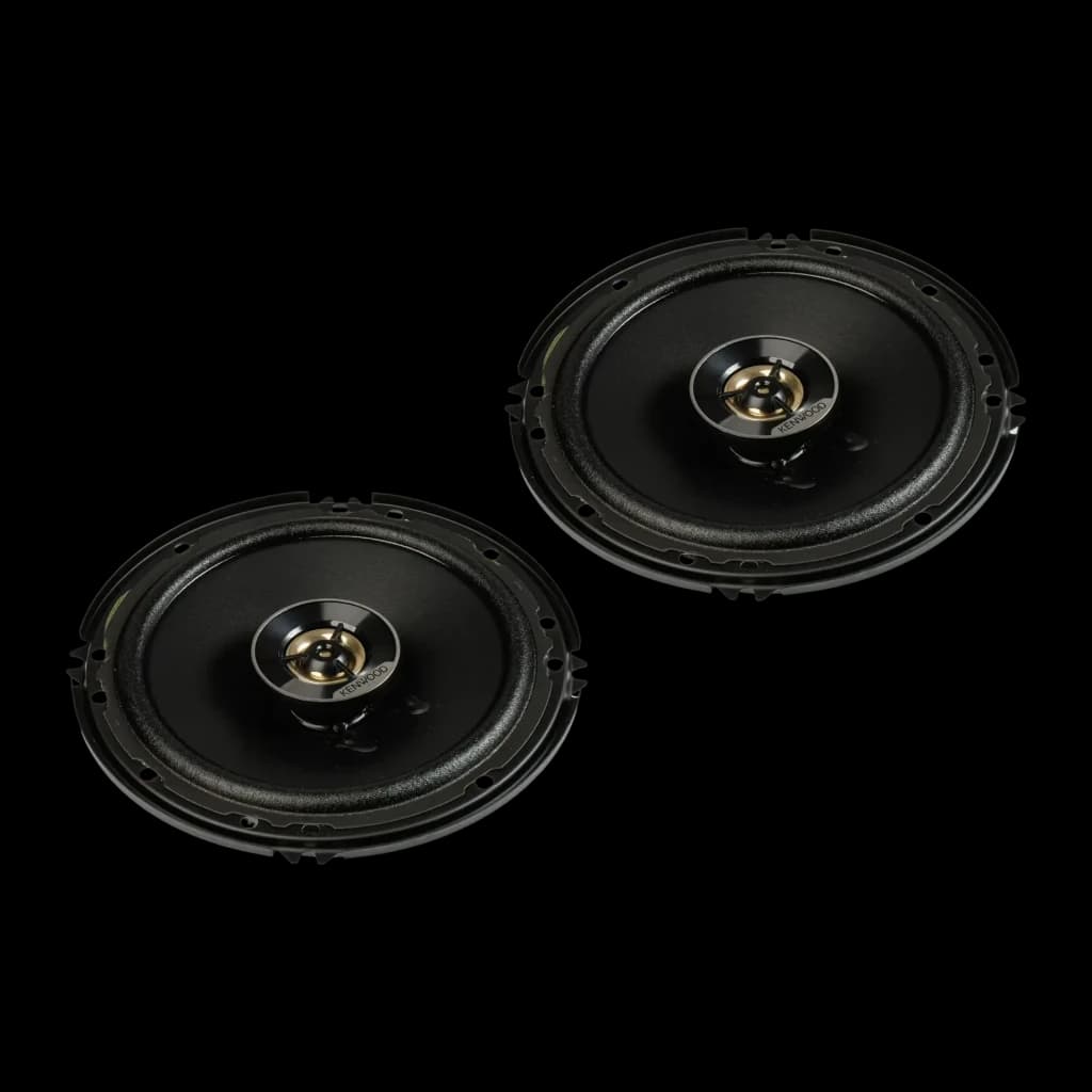 Haut-parleurs auto Kenwood 3 voies 60W RMS Noir KFC-S1676EX, détail: paire en angle, membrane noire et tweeter central doré