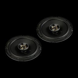 Haut-parleurs auto Kenwood 3 voies 60W RMS Noir KFC-S1676EX, détail: paire en angle, membrane noire et tweeter central doré