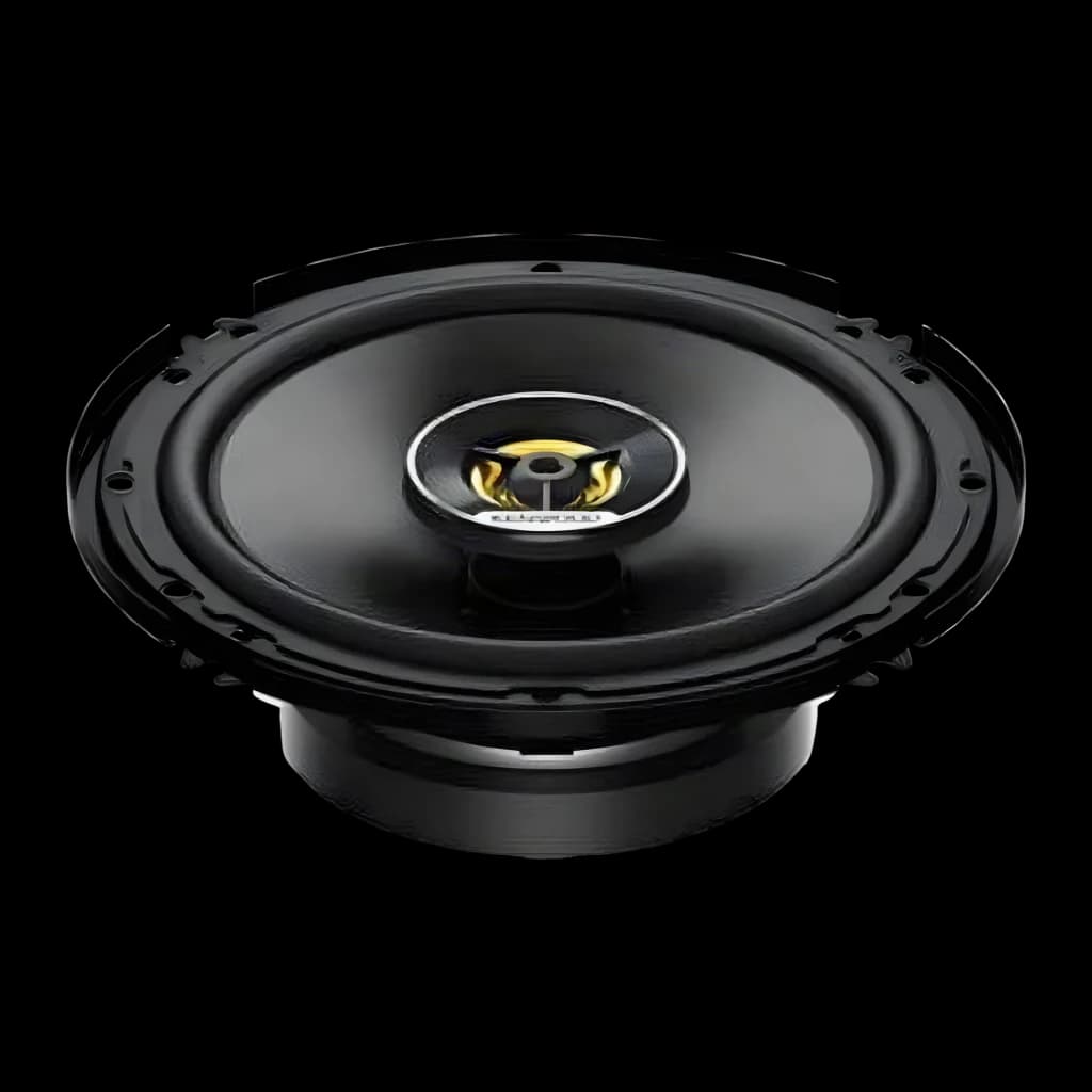 Haut-parleurs auto Kenwood 3 voies 60W RMS Noir KFC-S1676EX, détail: cône noir avec tweeter central doré et logo Kenwood