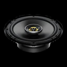 Haut-parleurs auto Kenwood 3 voies 60W RMS Noir KFC-S1676EX, détail: cône noir avec tweeter central doré et logo Kenwood