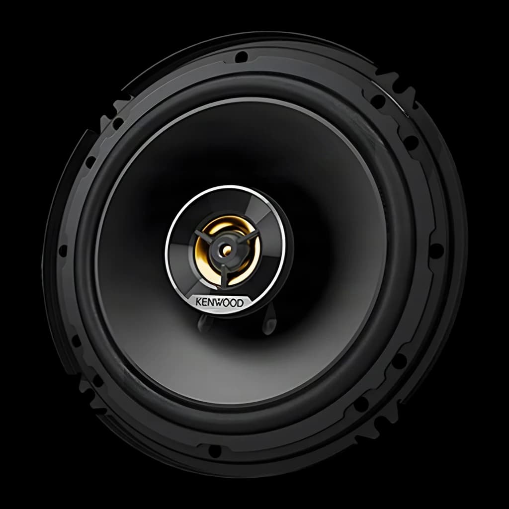 Haut-parleurs auto Kenwood 3 voies 60W RMS Noir KFC-S1676EX, détail: vue frontale du cône noir avec tweeter doré central