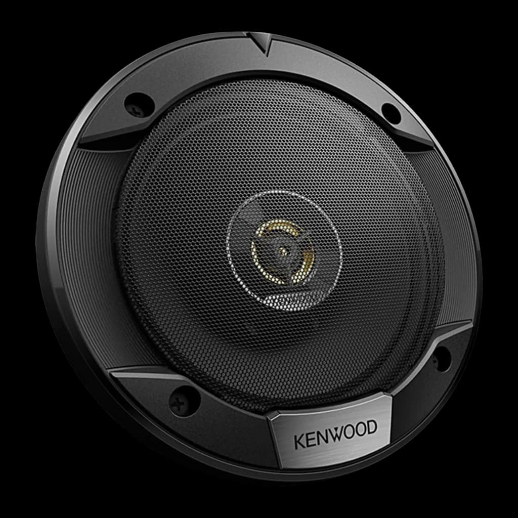 Haut-parleurs auto Kenwood 3 voies 60W RMS Noir KFC-S1676EX, détail: grille avant noire avec tweeter doré central et badge