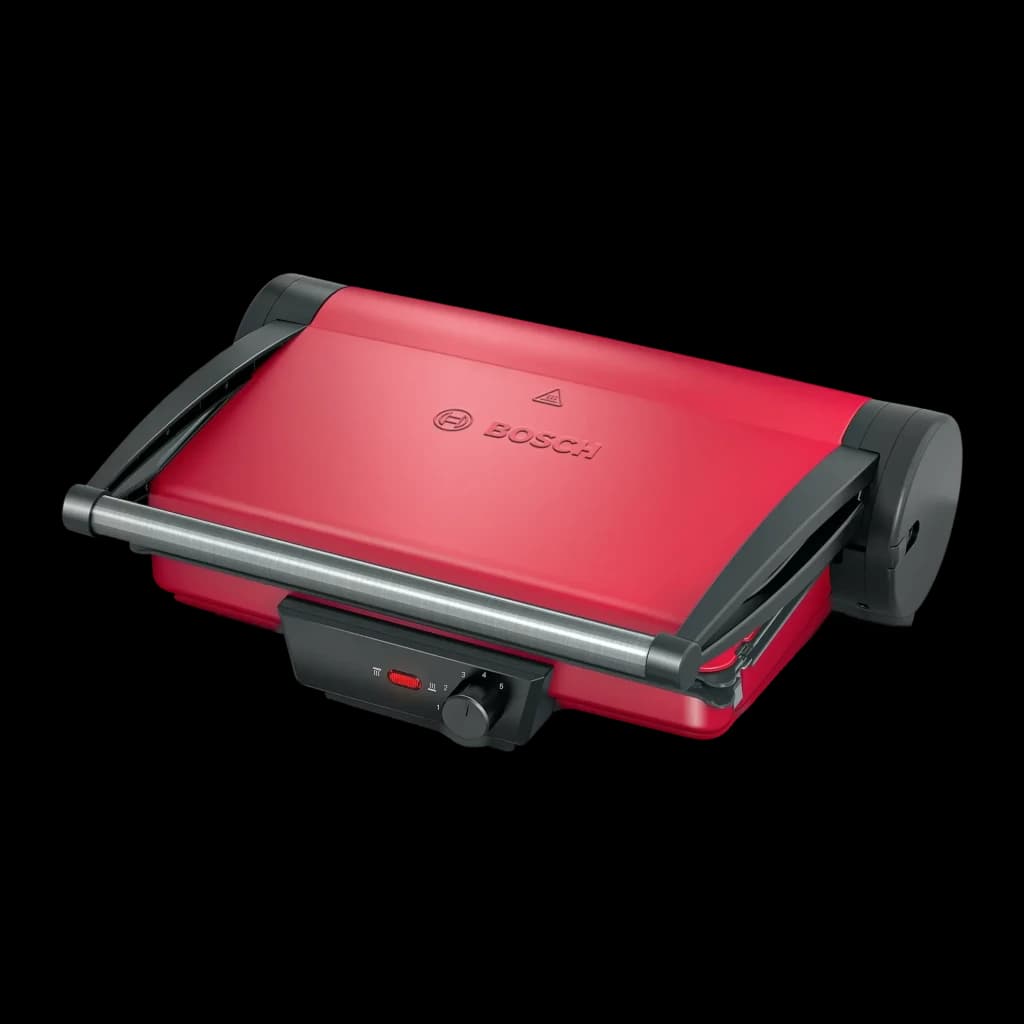 Gril de contact Bosch 2000W 328x238mm Rouge/Anthracite TCG4104, vue de face: couvercle rouge fermé avec logo Bosch