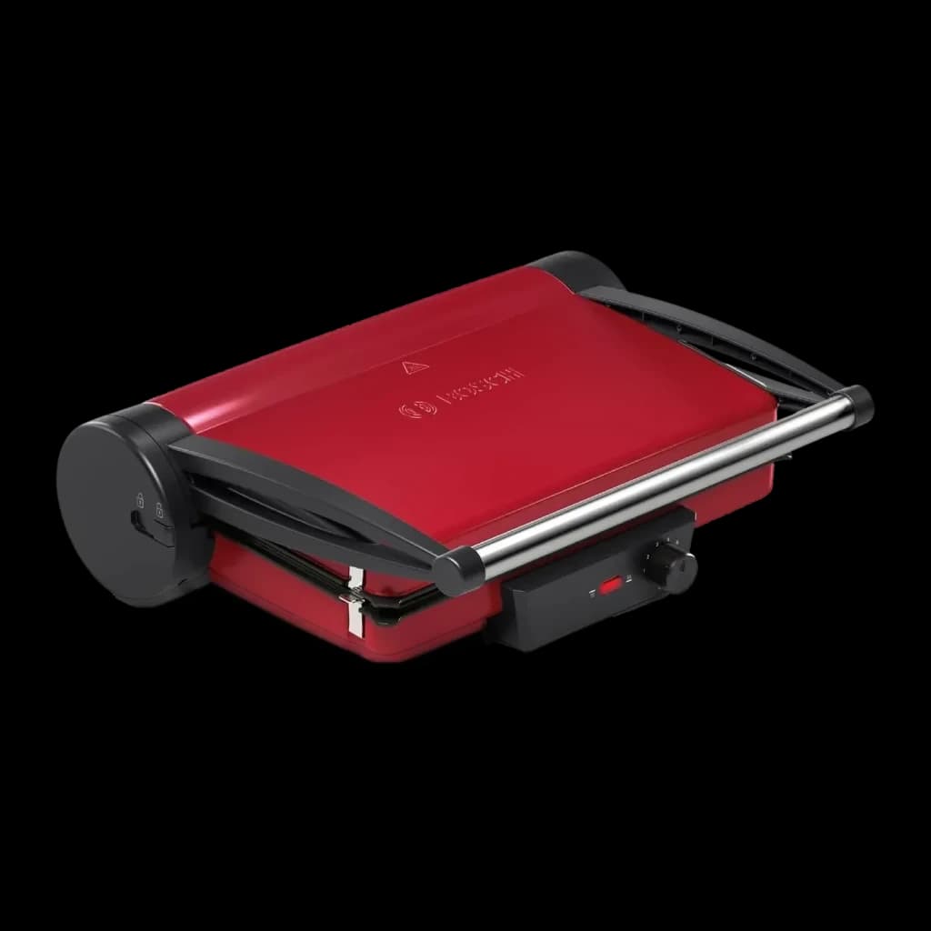 Gril de contact Bosch 2000W 328x238mm Rouge/Anthracite TCG4104, détail: couvercle rouge fermé, poignée chromée et bouton