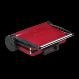Gril de contact Bosch 2000W 328x238mm Rouge/Anthracite TCG4104, détail: couvercle rouge fermé, poignée chromée et bouton