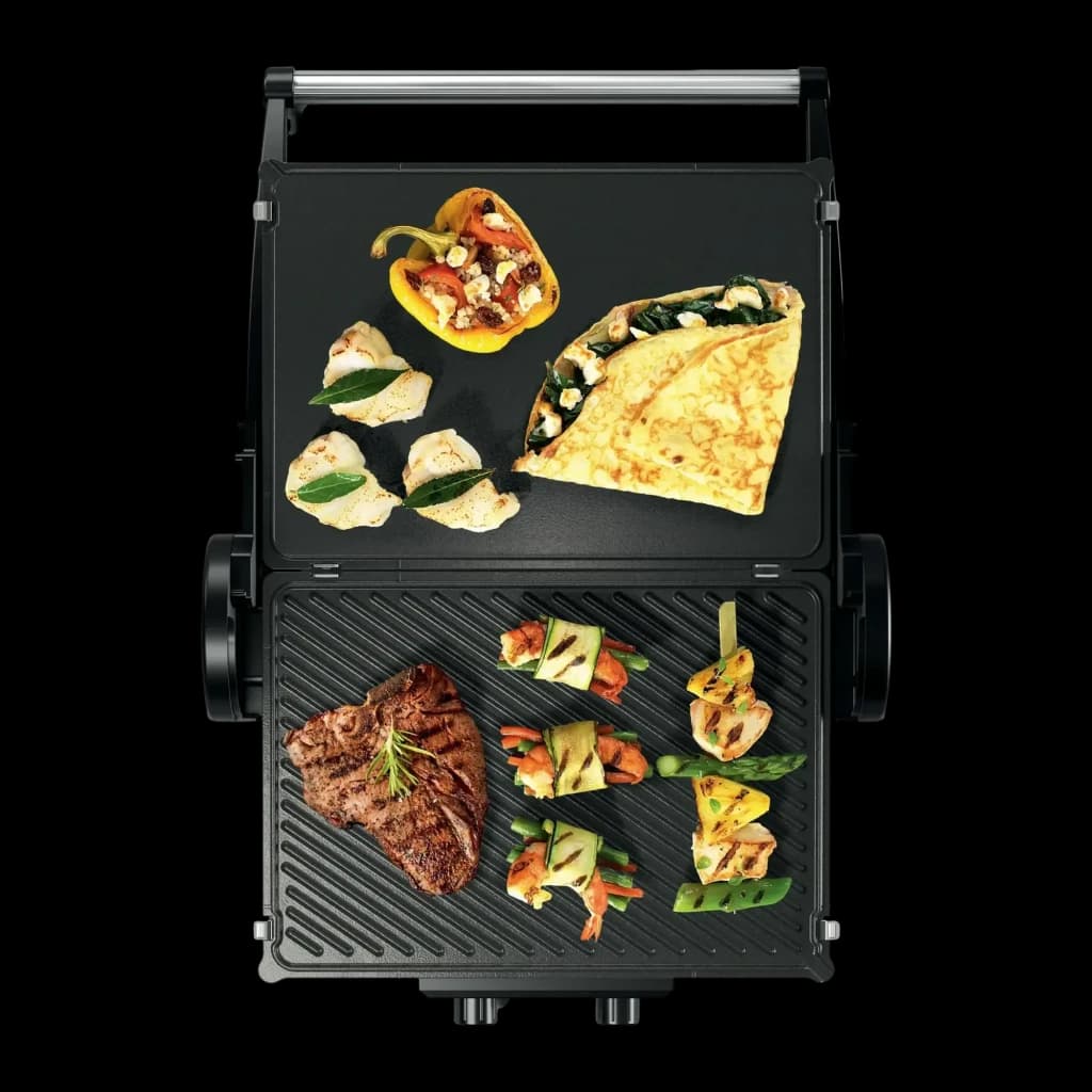 Gril de contact Bosch 2000W 328x238mm Rouge/Anthracite TCG4104, détail: vue du dessus plaques ouvertes, steak, légumes